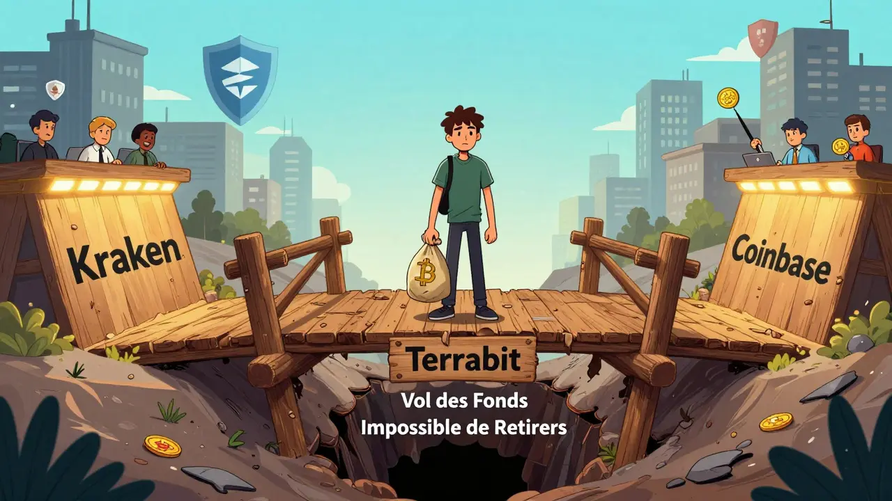 Un utilisateur sur un pont fragile vers Terrabit, tandis que des ponts sûrs mènent à des échanges vérifiés.