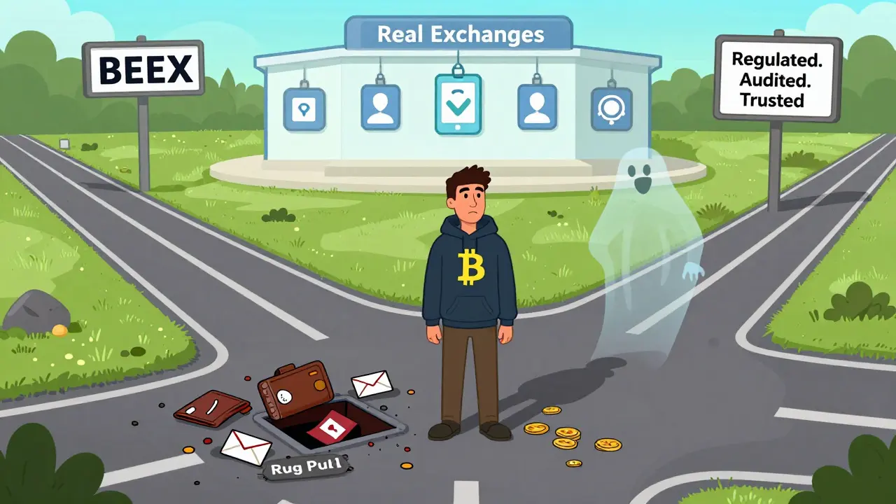 Un voyageur face à un choix : un chemin vers une arnaque ou vers des bourses de cryptomonnaies fiables et régulées.