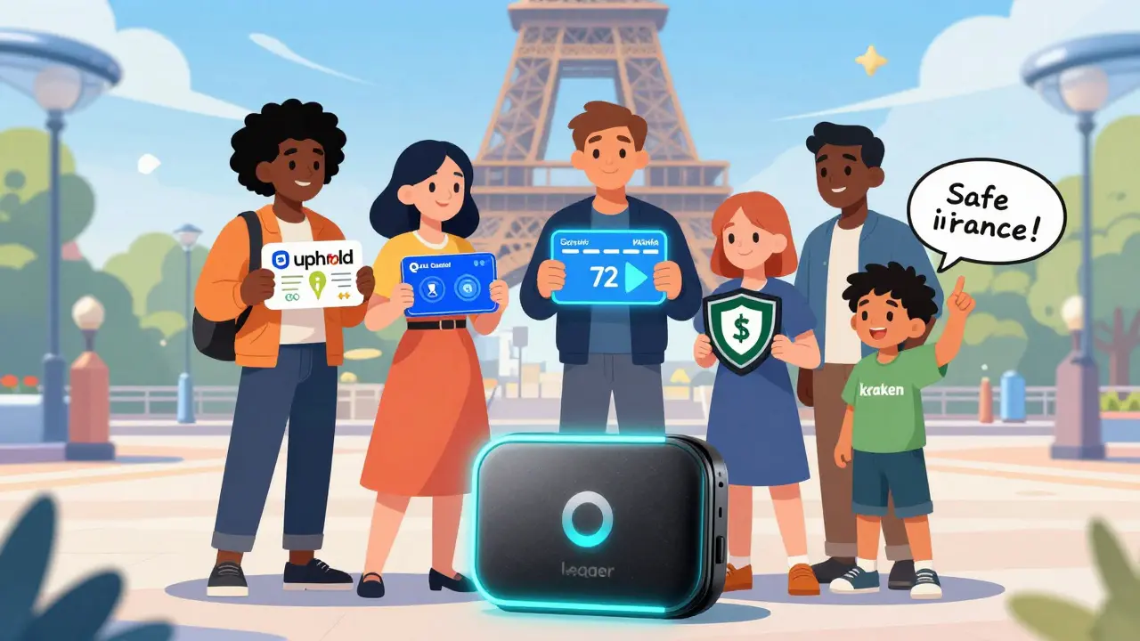 Une famille à Paris choisissant des échanges de crypto, avec Kraken marqué 'MiCA Certified' et un portefeuille matériel en sécurité.
