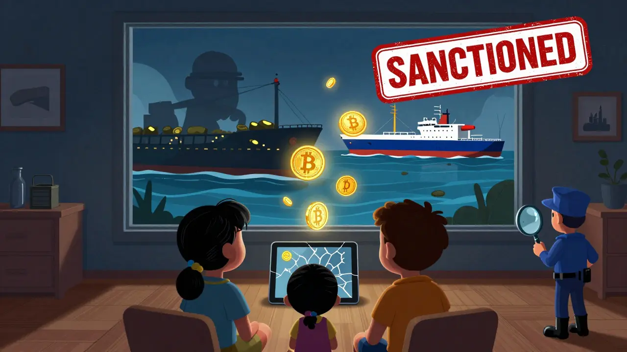 Une famille regarde un solde USDT sur une tablette, tandis qu'un pétrolier échange du pétrole contre des cryptomonnaies en haute mer.