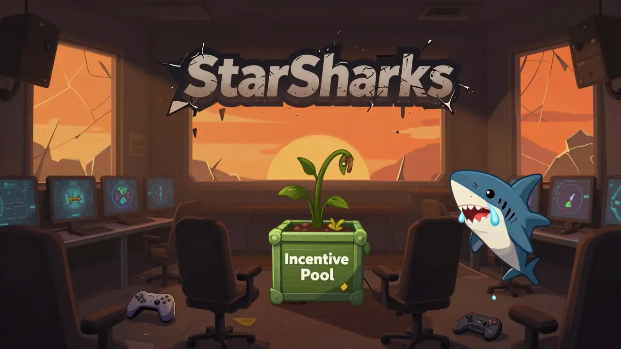 Une interface de jeu abandonnée avec un logo StarSharks fissuré et une plante morte poussant d'un coffre.