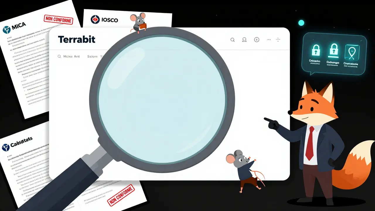 Une page vide de Terrabit sous un loupe, avec des documents officiels rejetés, tandis qu'une souris tombe dans le noir.