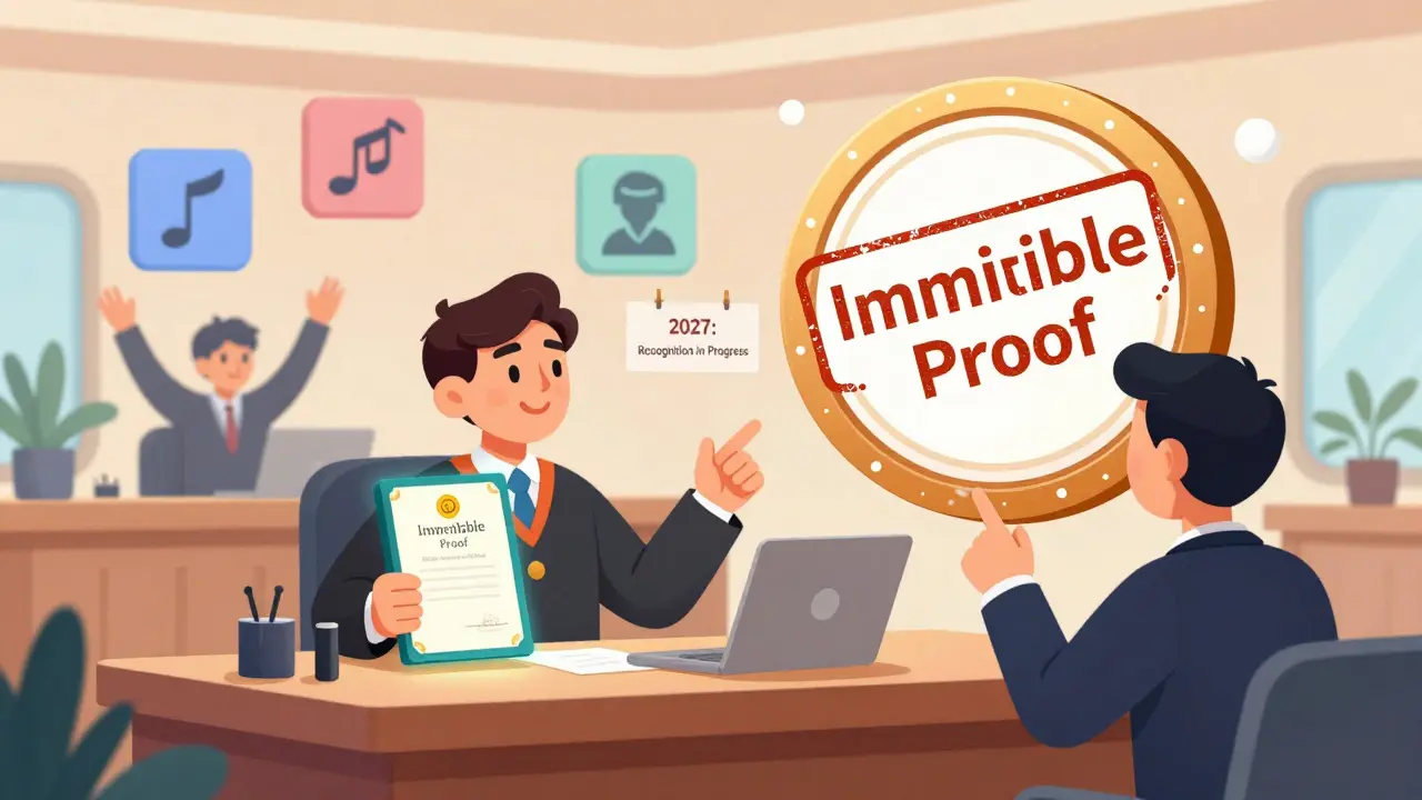 Une scène judiciaire imaginaire où une preuve blockchain est reconnue, avec des créateurs célébrant leur protection numérique.