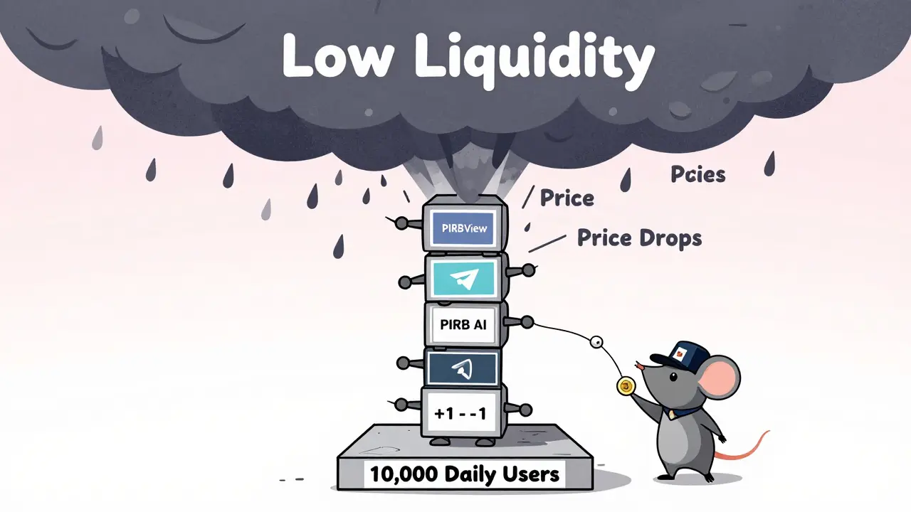 Une tour de bots Telegram menacée par une tempête de faible liquidité, un petit trader tient un jeton PIRB comme une bouée.
