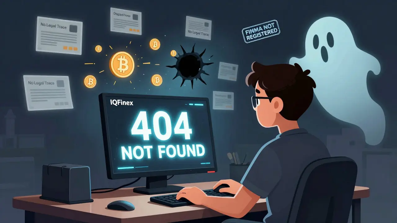 Une victime face à un écran noir avec des cryptos qui disparaissent, accompagné d'un avertissement 'Pas enregistré auprès de la FINMA'.