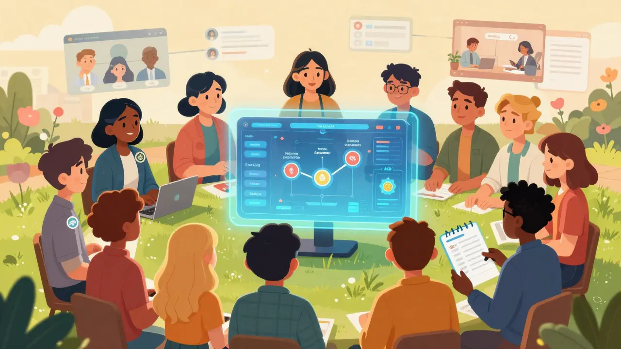 Avatars communautaires autour de tableau de bord économique blockchain