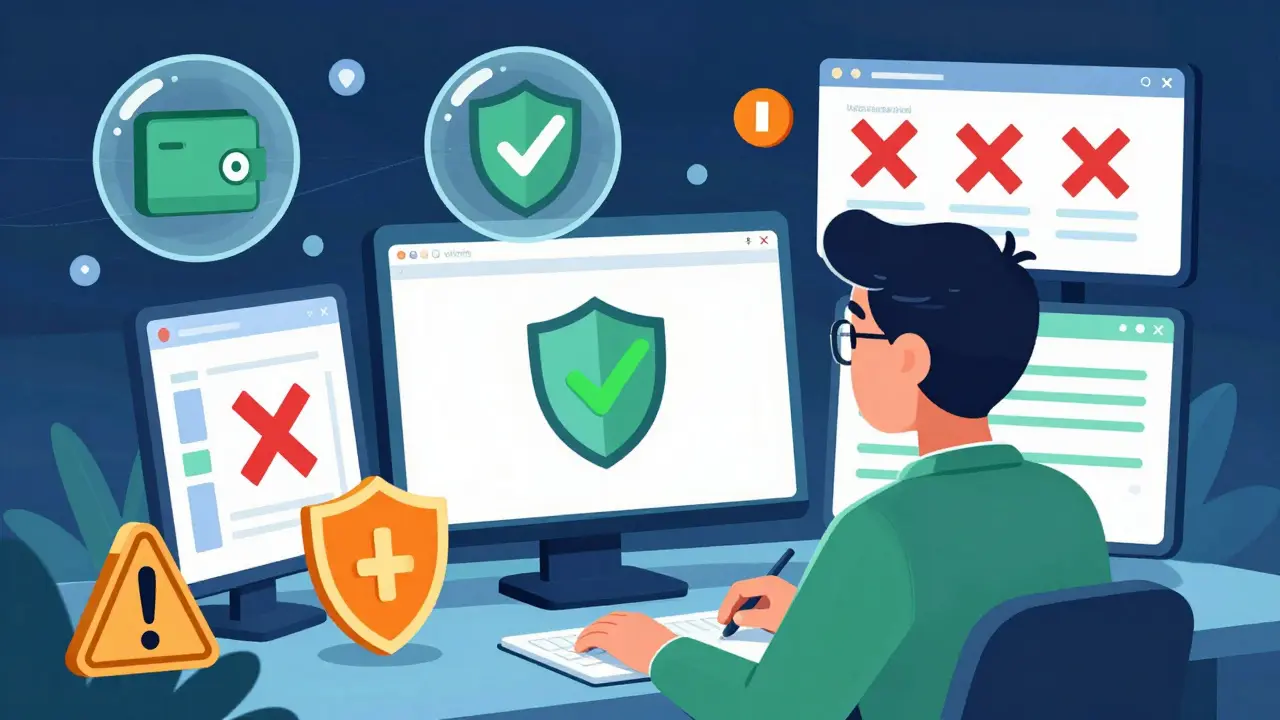 Caractère examinant des symboles de sécurité crypto et portefeuille