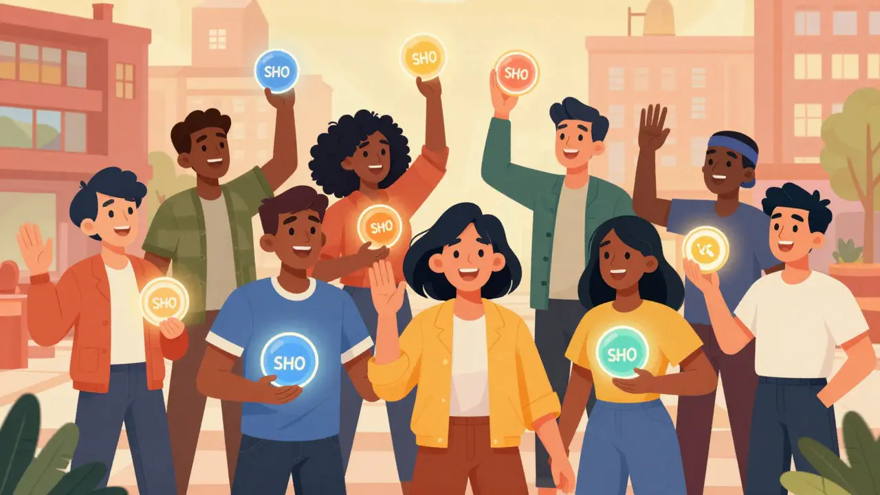 Communauté célébrant la réception de tokens numériques dans un style cartoon.