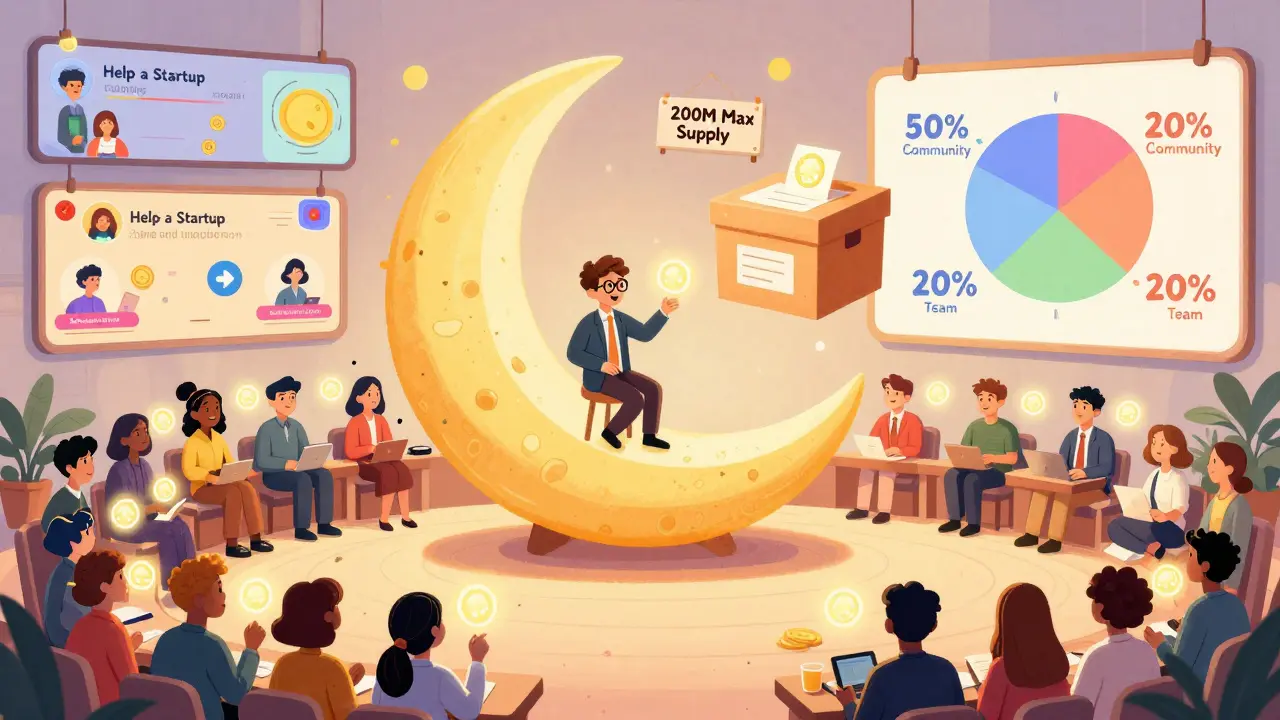 Communauté votant dans un DAO en forme de croissant de lune, avec des jeux et un graphique de répartition des jetons MOONED en style cartoon.