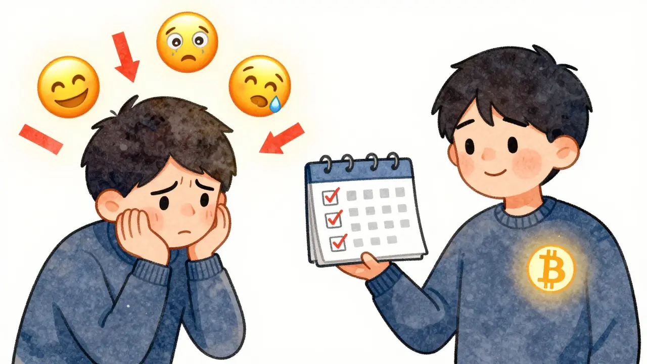 Comparaison entre un investisseur stressé et un investisseur serein utilisant la stratégie DCA pour le Bitcoin.