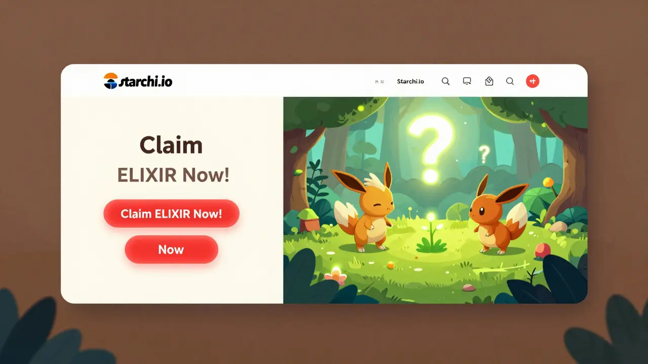 Comparaison visuelle entre un site de phishing et le site officiel de Starchi avec des joueurs soignant des créatures.