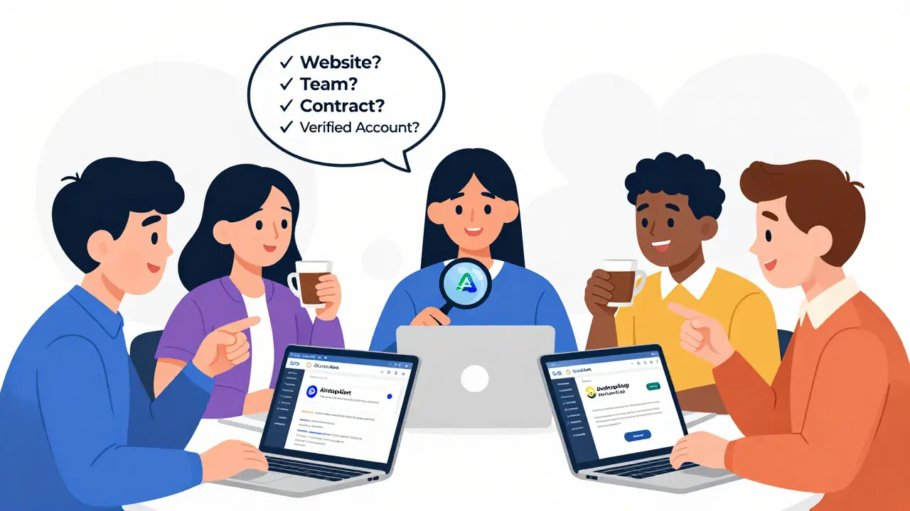 Des utilisateurs examinent des projets d'airdrop vérifiés sur des écrans, avec une checklist de sécurité visible dans une bulle de pensée.