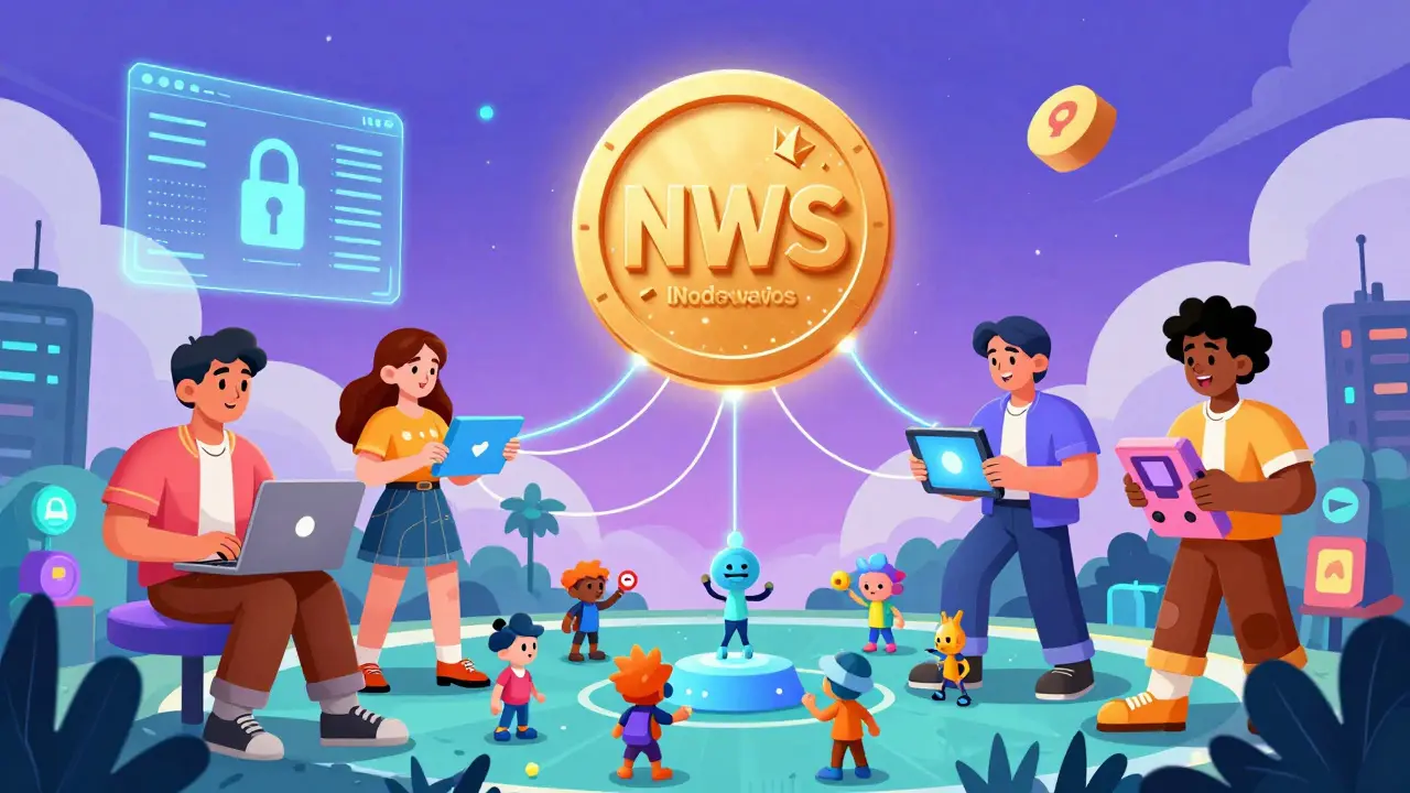 Des utilisateurs variés opèrent des nœuds connectés à un jeton NWS flottant, dans un monde de gaming et de données médicales numériques.