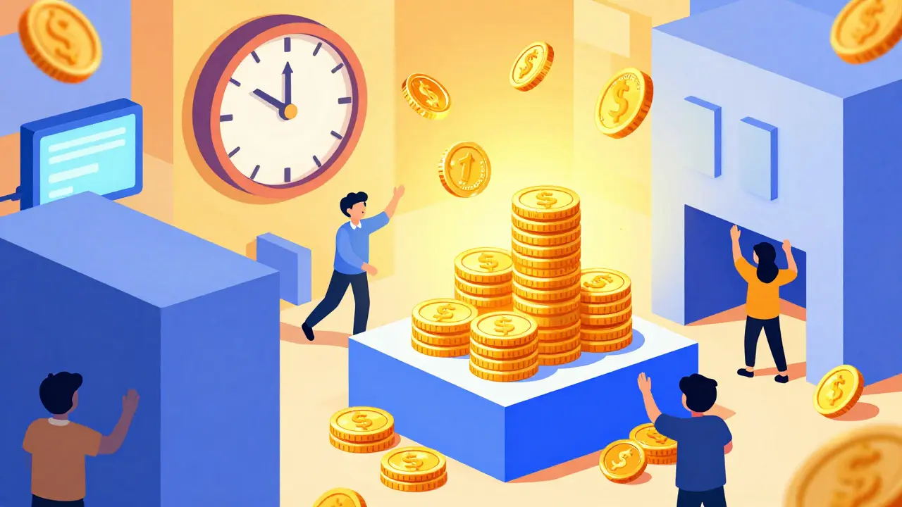 Dessin animé montrant des pièces empilées se transformant en jetons lors d'une séance de vote urgente.