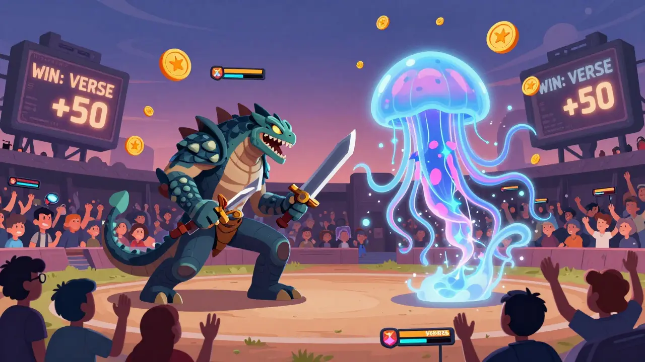 Deux monstres s'affrontent dans une arène sous un ciel crépusculaire, tandis que des jetons VERSE tombent comme des récompenses.