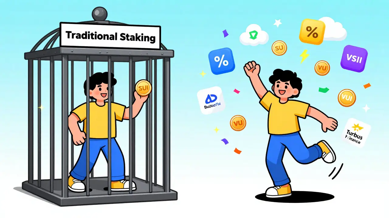 Deux personnages comparés : l'un enfermé en staking traditionnel, l'autre libre avec des jetons VSUI en mouvement.