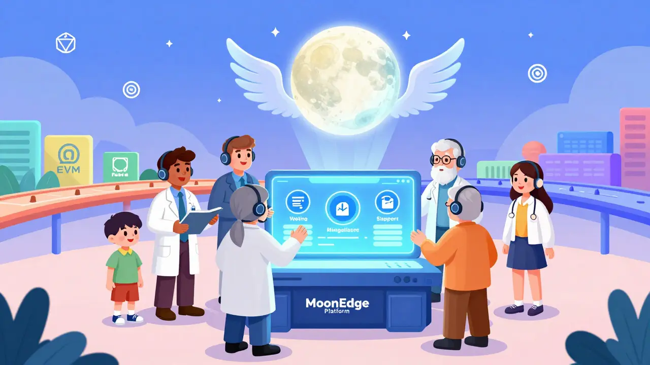 Équipe de développeurs aidant divers utilisateurs sur une interface MoonEdge avec des icônes de soutien technique et des chaînes blockchain flottantes.