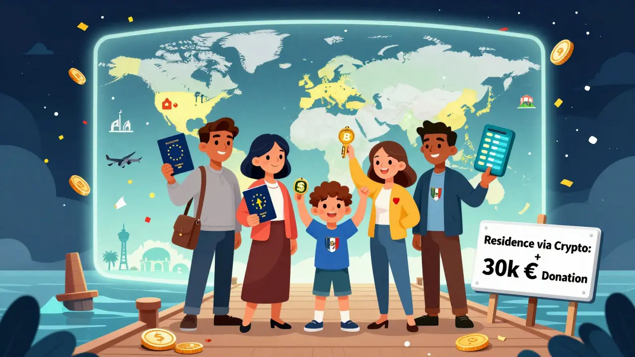 Famille d'investisseurs crypto tenant des passeports UE, une clé de maison blockchain et un portefeuille numérique, devant une porte vers 180 pays.