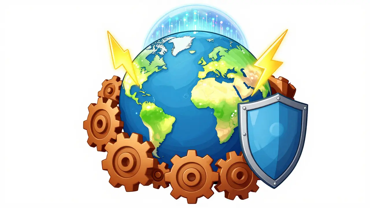 Globe terrestre entouré d'une barrière de sécurité lumineuse globale.