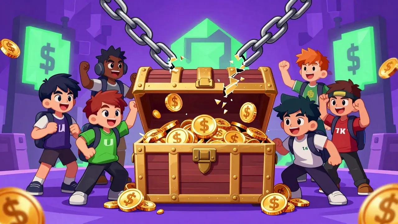 Jeunes joueurs approchent d'une boîte aux trésors ouverte avec des pièces dorées