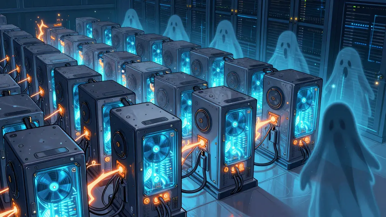 Machine minière émettant de la lumière bleue et de la chaleur industrielle.