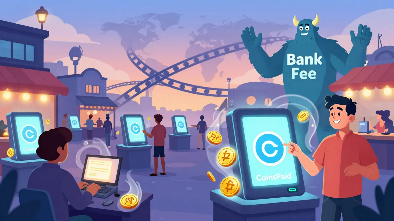 Marché mondial où les commerçants utilisent des passerelles crypto pour accepter des stablecoins en toute simplicité.