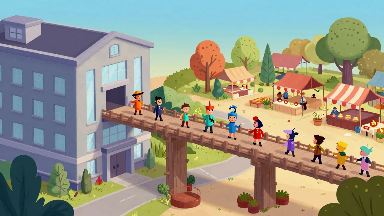 Pont symbolique reliant deux styles de marchés financiers sécurisés