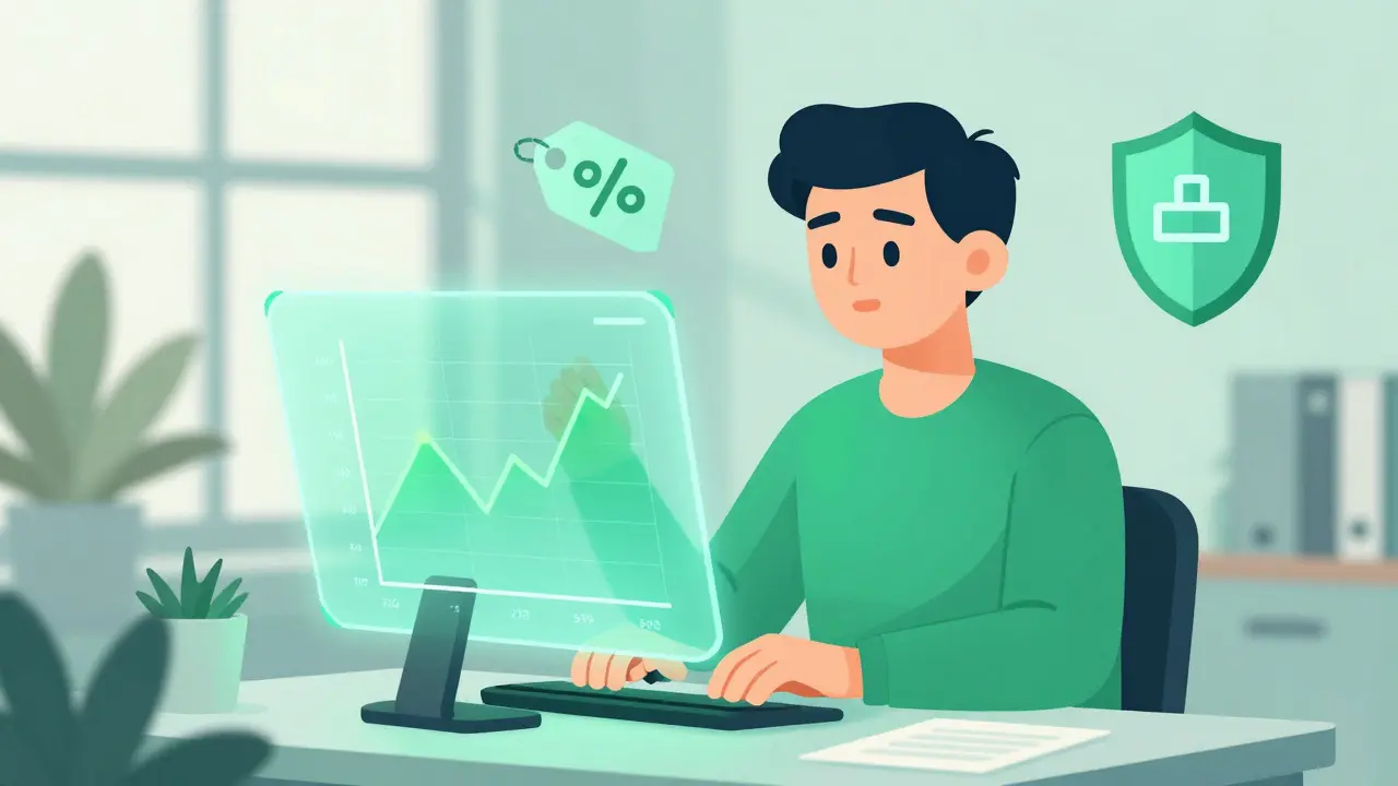 Scène de trade avec avantages visuels comme des remises et vote dans un bureau moderne et calme.