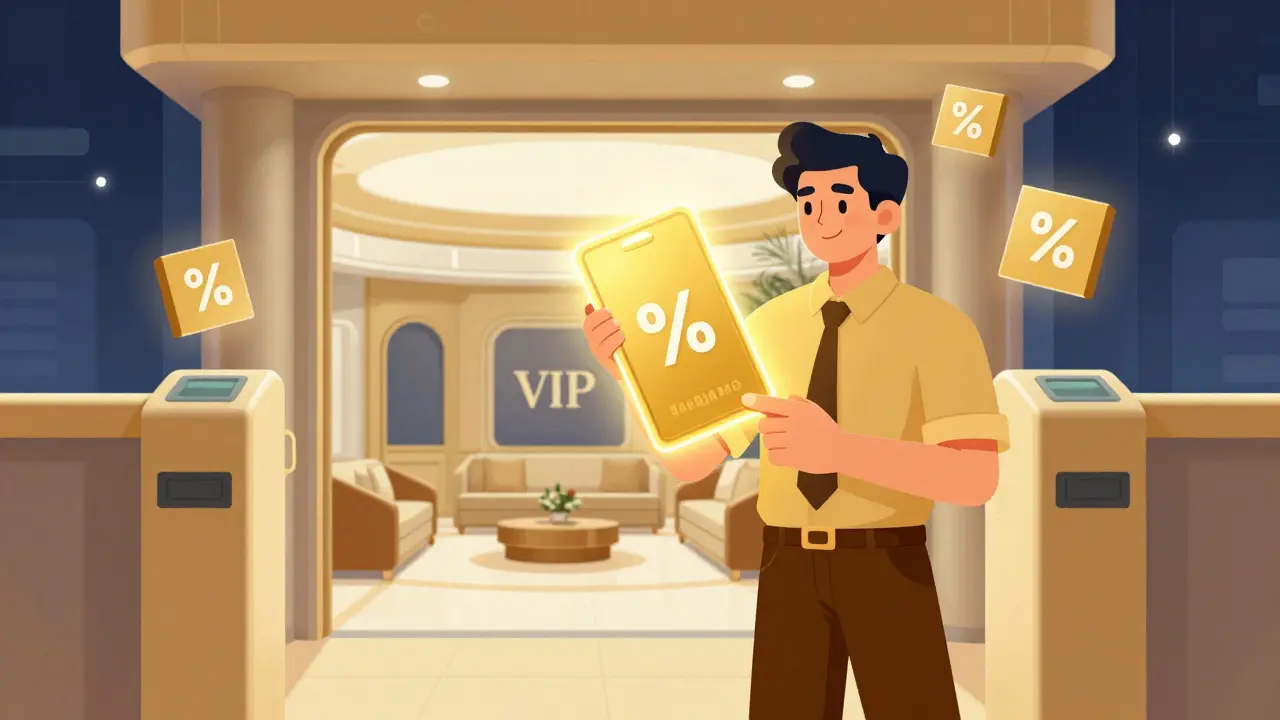 Trader avec un badge VIP ouvrant une porte magique dans un hall