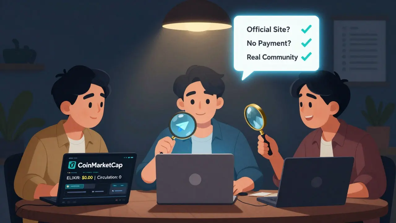 Trois personnes examinent des écrans de CoinMarketCap et un message Telegram suspect, vérifiant les signes d'un airdrop légitime.