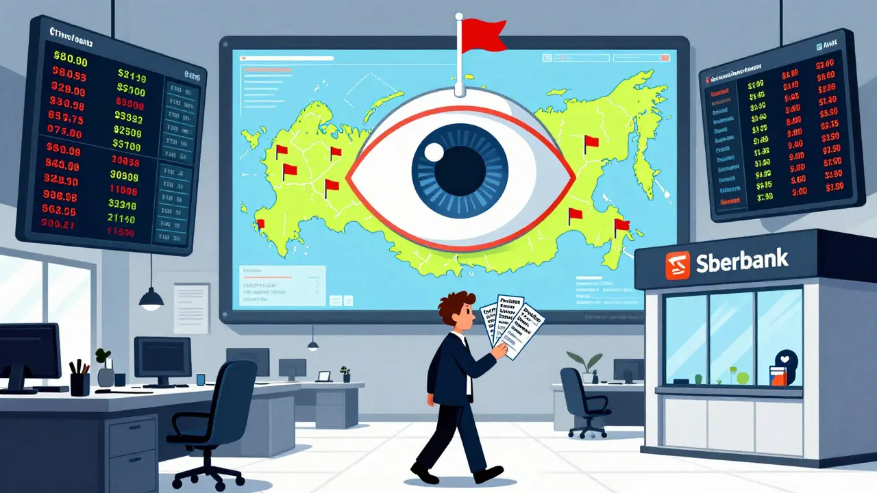 Un analyste bancaire surveille un algorithme géant qui traque les transactions crypto, tandis qu'un citoyen part avec des preuves requises.