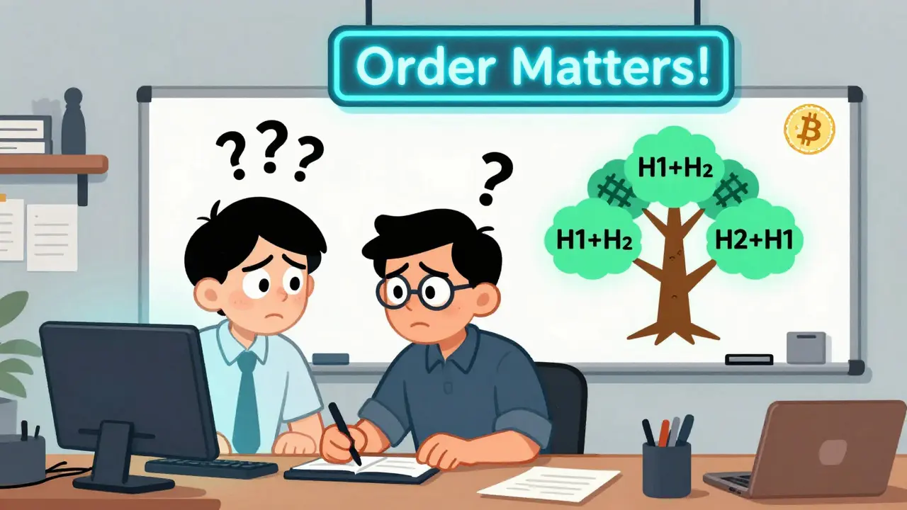 Un développeur perplexe face à deux chaînes de hachage incorrectes, une arborescence correcte brille sur un tableau blanc.