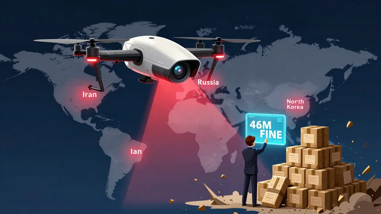 Un drone de surveillance projette des faisceaux rouges sur des portefeuilles crypto sanctionnés, au-dessus d'une pyramide qui s'effondre.