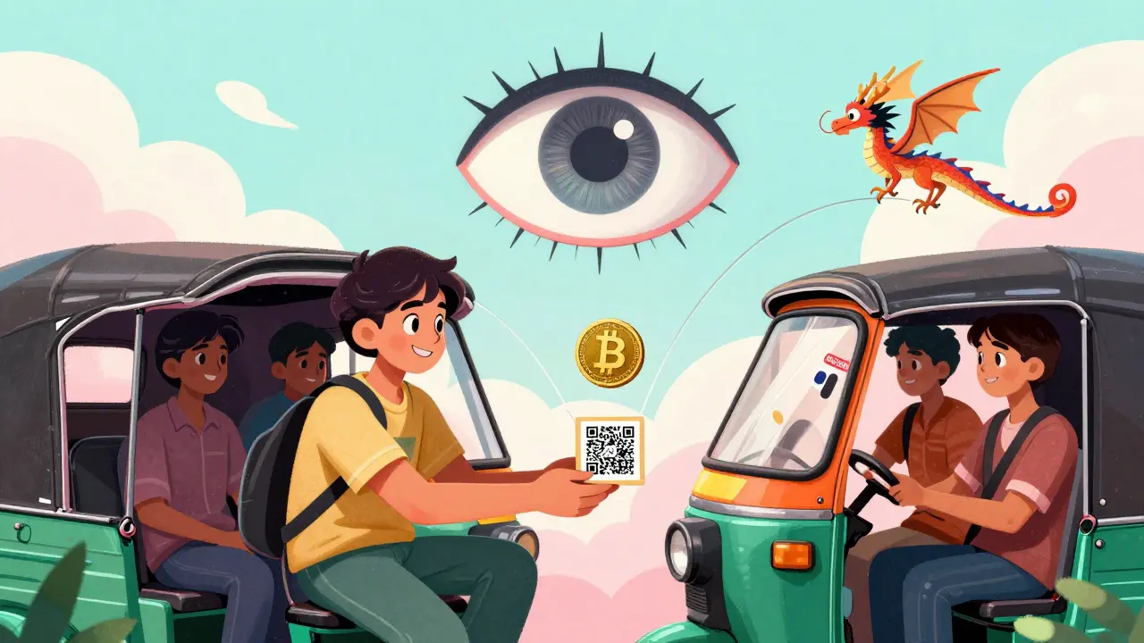 Un étudiant envoie un QR code crypté à un ami sur un rickshaw, tandis qu'une pièce USDT vole vers l'Inde.