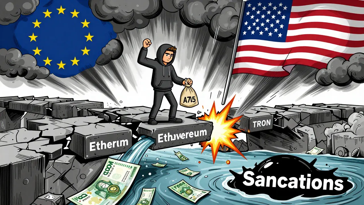 Un investisseur sur un pont en blocs blockchain qui s’effondre, sous des nuages en forme de drapeaux occidentaux menaçants.