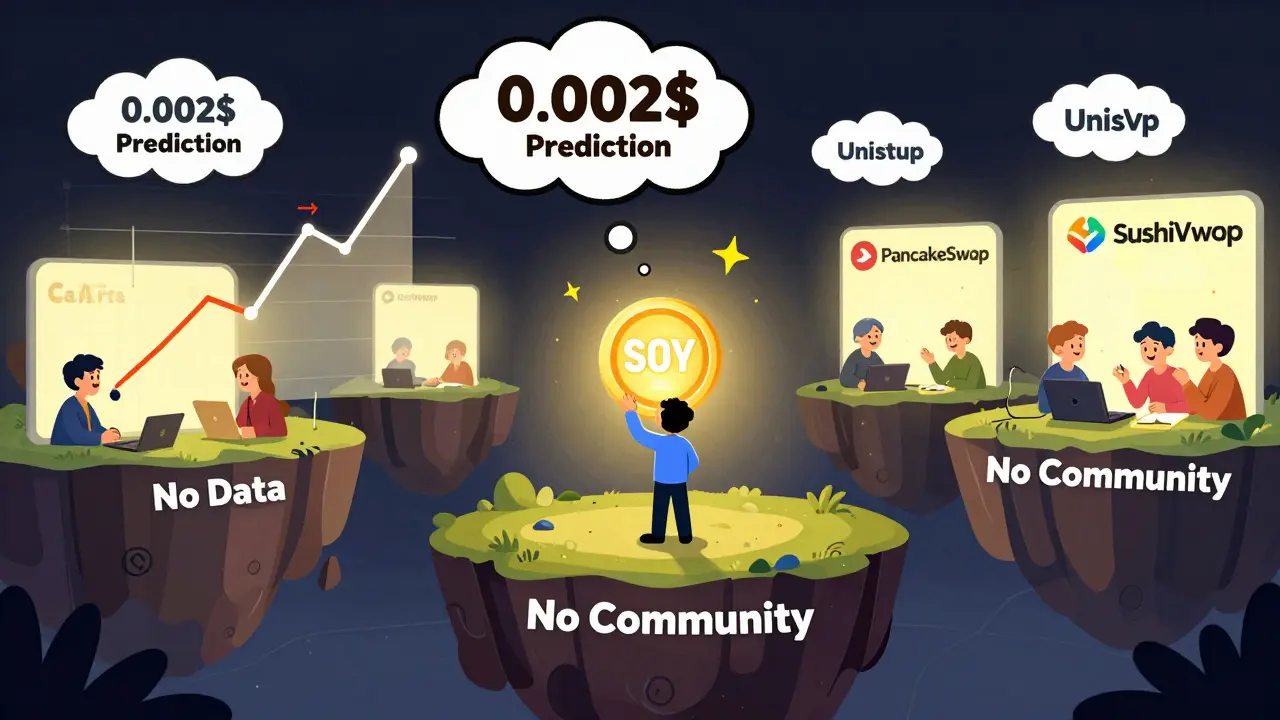 Un investisseur tient un jeton SOY tandis que des prévisions de prix absurdes flottent au-dessus de vides.