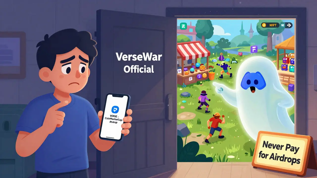 Un joueur trompé par un faux airdrop voit un vrai accès vers l'univers de VerseWar, avec un avertissement clair contre les arnaques.