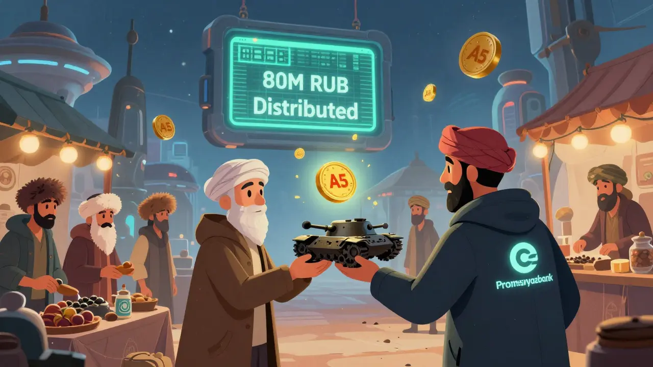 Un marché asiatique où des marchands échangent des biens en utilisant des jetons A7A5 flottants, avec un grand écran affichant des paiements.