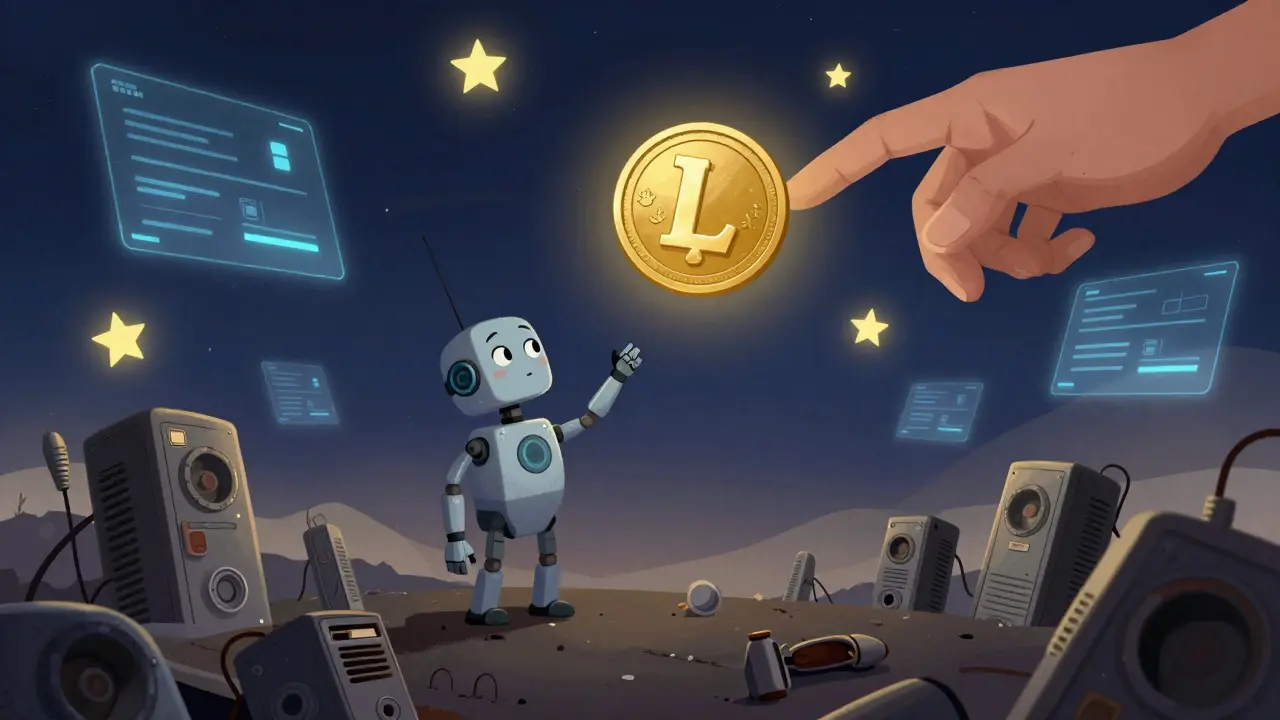 Un mineur robotique isolé qui mine la dernière pièce Litecoin en 2142, entouré de débris de machines passées, sous un ciel étoilé de symboles LTC.