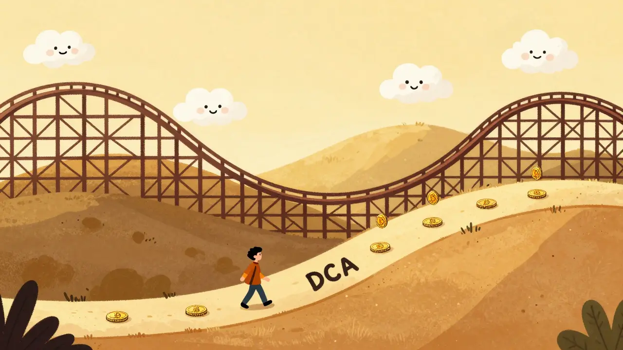 Un personnage marche sur un chemin régulier sous des variations de prix de Bitcoin, accumulant des pièces avec le temps.