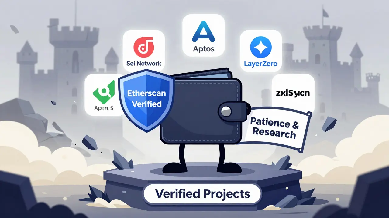 Un portefeuille héroïque protège des projets blockchain vérifiés tandis qu'un château 'TENFI' s'effondre en arrière-plan.