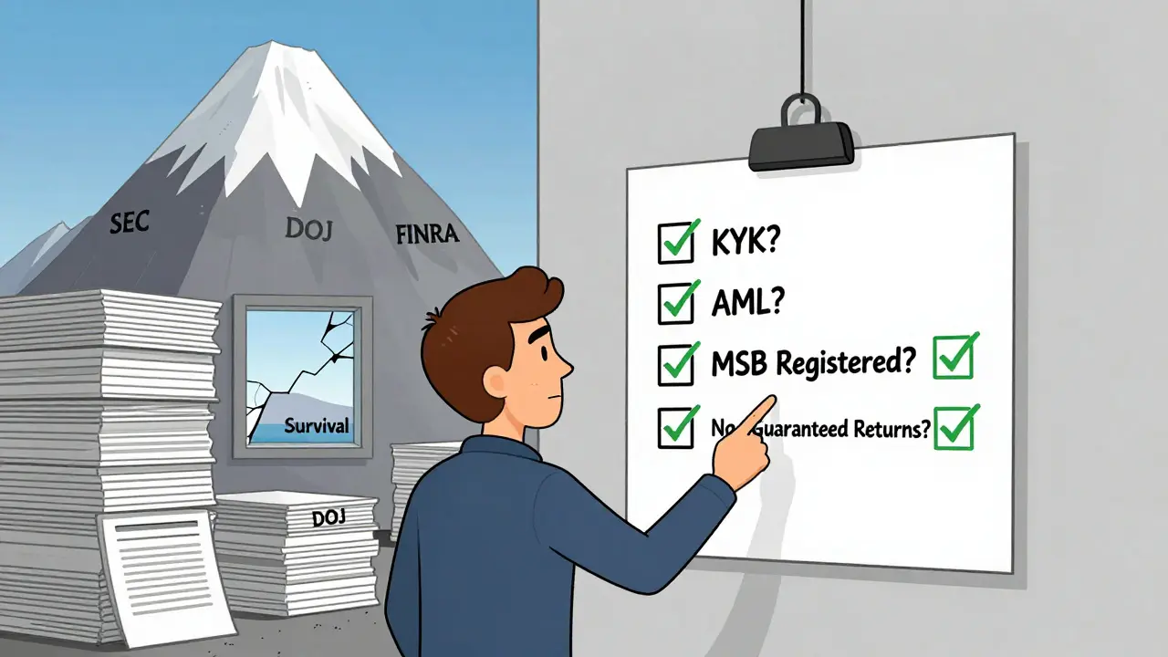 Un propriétaire de plateforme vérifie une liste de conformité, tandis qu'une montagne de documents juridiques le surplombe.