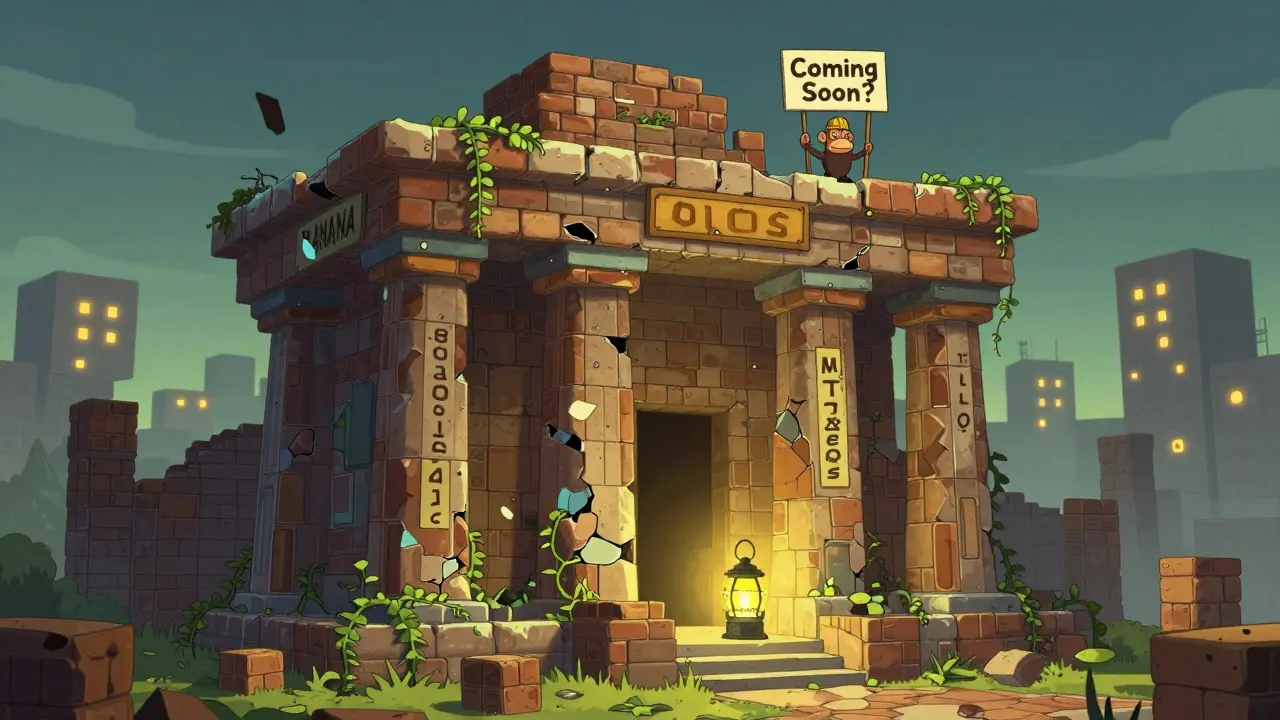 Un temple DeFi abandonné avec des colonnes effondrées, une seule lanterne clignote, un singe tient un panneau 'Bientôt ?'.