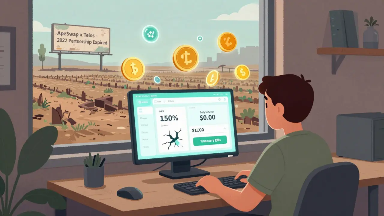 Un utilisateur regarde un écran DeFi affichant 'Volume: 0 $' dans une pièce sombre, entouré de tokens inutilisés.