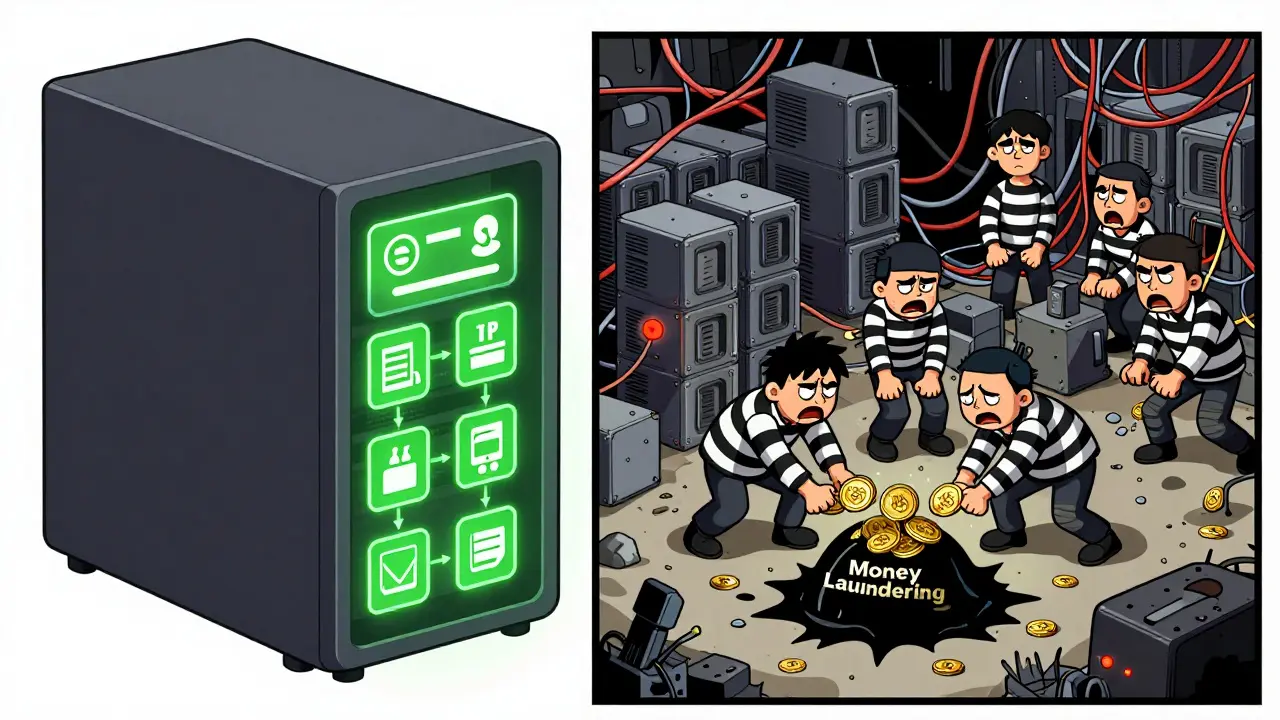 Une blockchain gouvernementale ordonnée à gauche, une ferme de minage clandestine chaotique à droite.