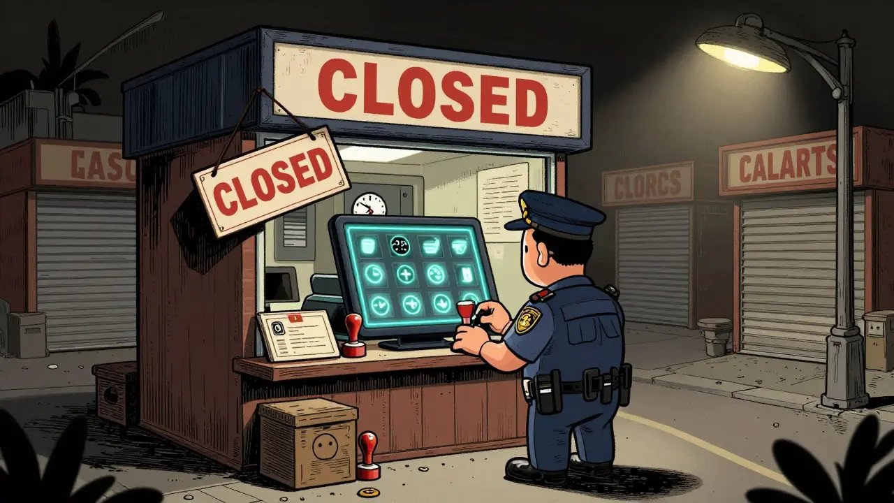 Une boutique d'échange crypto fermée, entourée de trois autres boutiques closes, sous une lumière de rue morne.