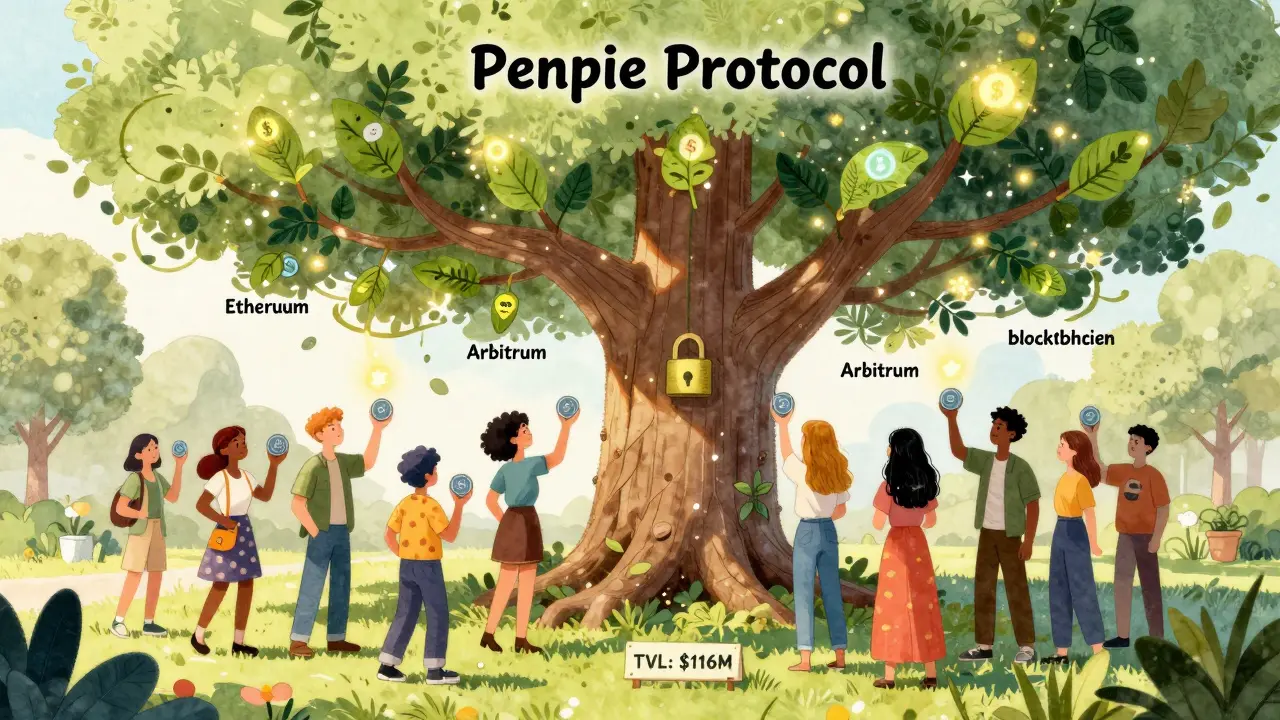 Une communauté verrouille des jetons PNP dans un arbre protocole, générant des feuilles vlPNP brillantes sur plusieurs chaînes blockchain.
