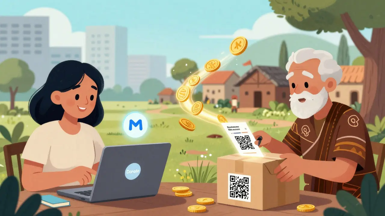 Une femme fait un don en ligne tandis qu'un chef de village en Afrique scanne un colis suivi en temps réel sur une blockchain.