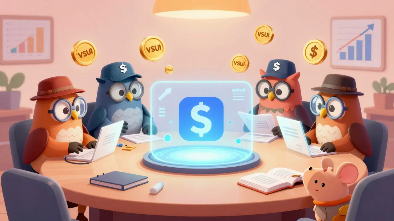 Une réunion DAO animée où des jetons VSUI servent de bulletins de vote, surveillée par des hiboux-auditeurs.