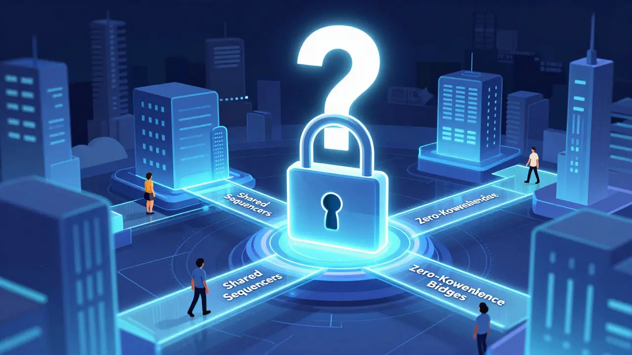 Une ville Web3 futuriste avec des chaînes connectées par des passerelles lumineuses, un cadenas géant en arrière-plan.